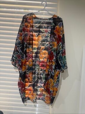 Floral Sheer Kimono Cardigan - Black with Multicolor Blooms